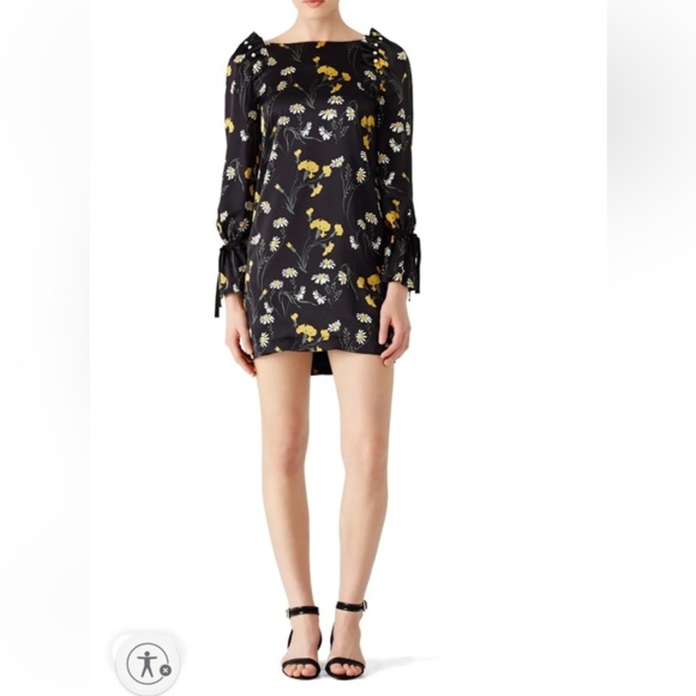 Mother of Pearl Floral Mini Dress Women Size 10 Black Pearl Embellished Tie Cuff